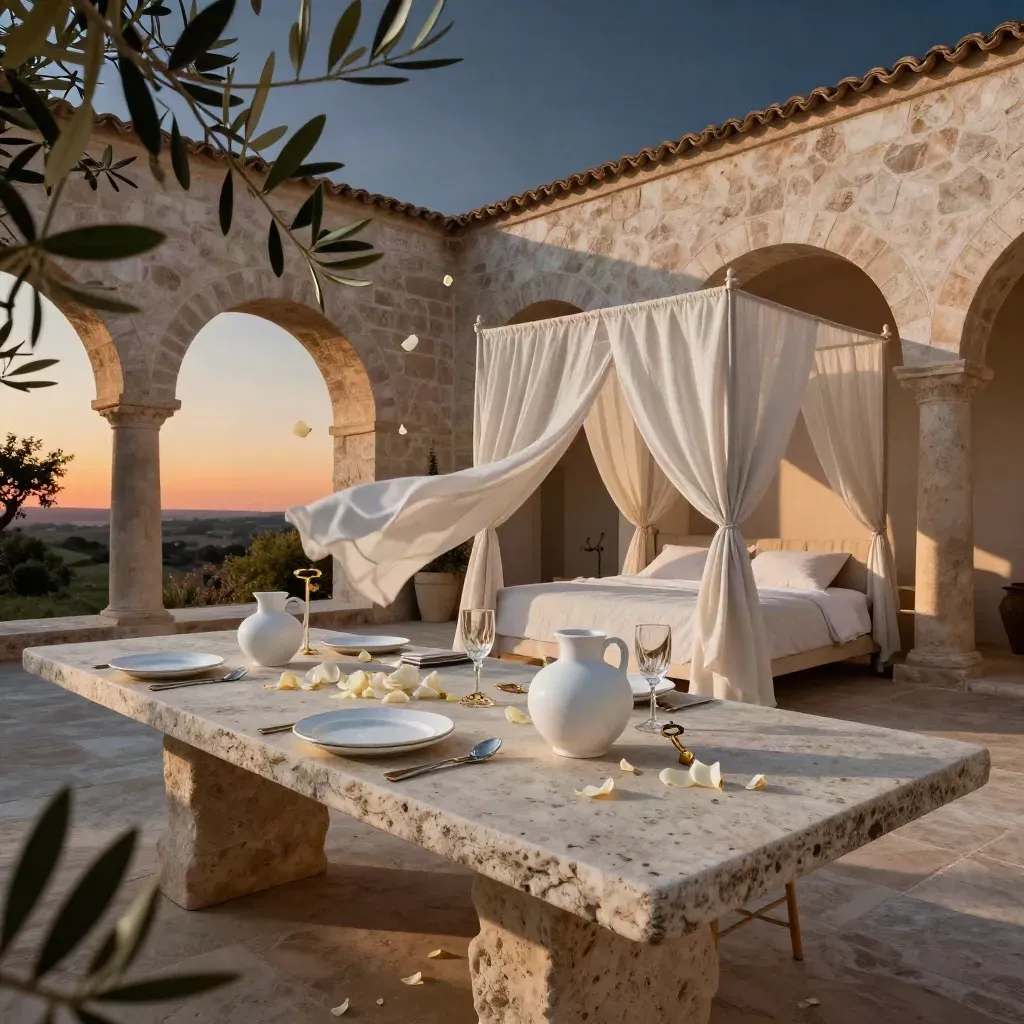 Cortile di masseria al tramonto con letto a baldacchino, tavolo in pietra e ceramiche bianche.