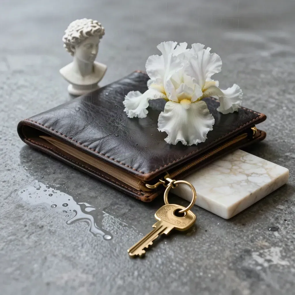 Folio da viaggio in cuoio, busto in gesso, iris, chiave e pietra bagnata con riflessi di pioggia.