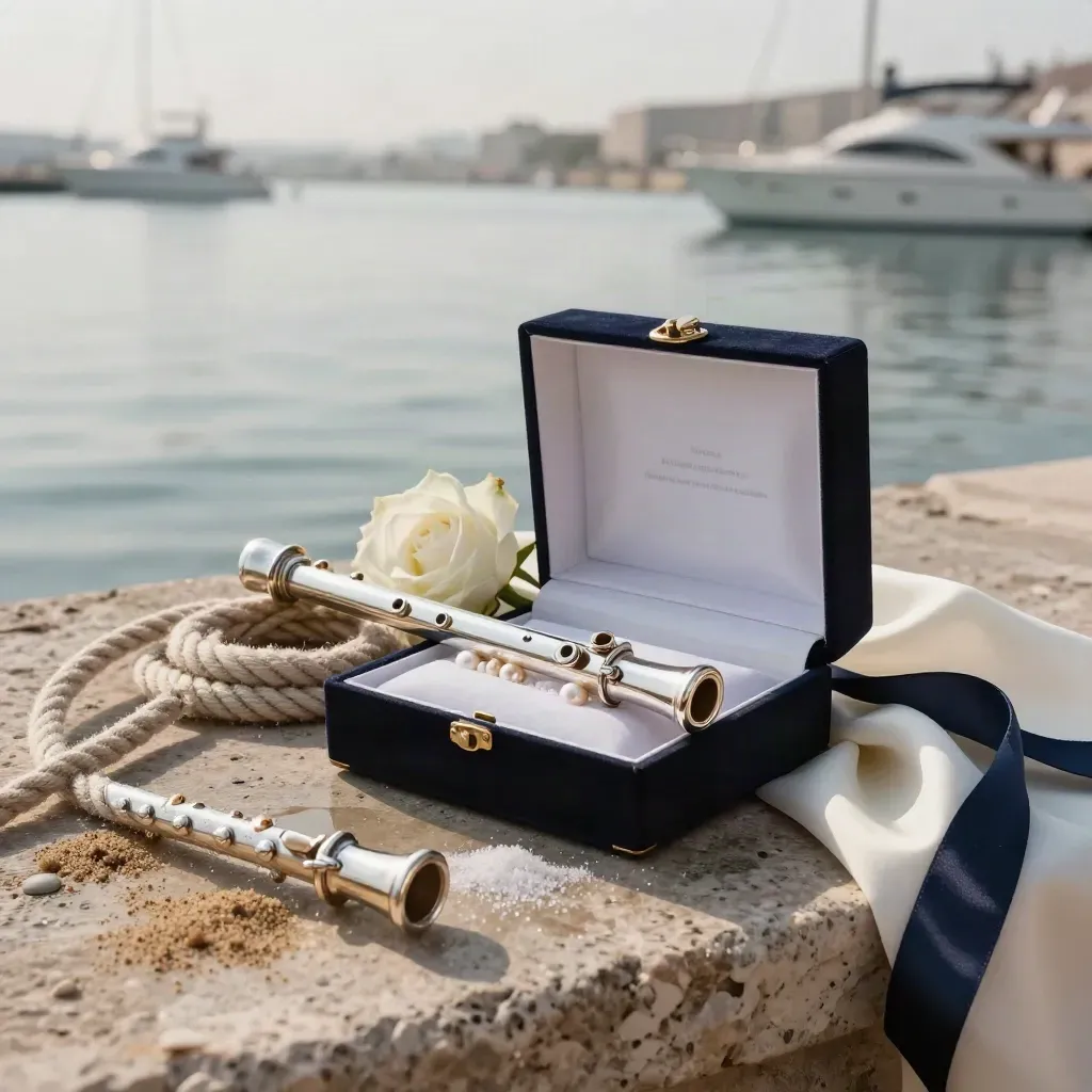 Cofanetto proposta Capri con rosa, perla, flute e corda nautica sul molo, yacht sfocati dietro.