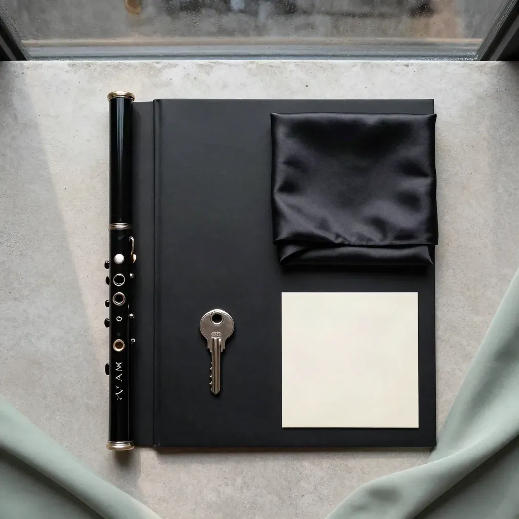 Flatlay serale con folio nero, flute opaco, raso scuro e chiave su cemento