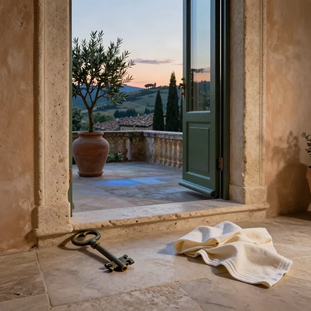 Villa toscana con chiave antica, lino e ulivo al tramonto sui colli
