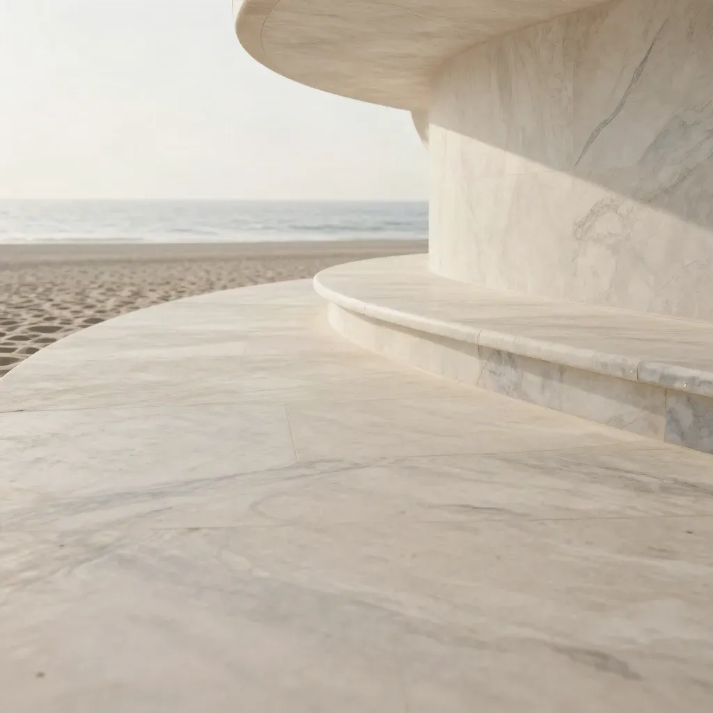 Terrazza di marmo chiaro sul mare con curva architettonica e orizzonte sfocato.