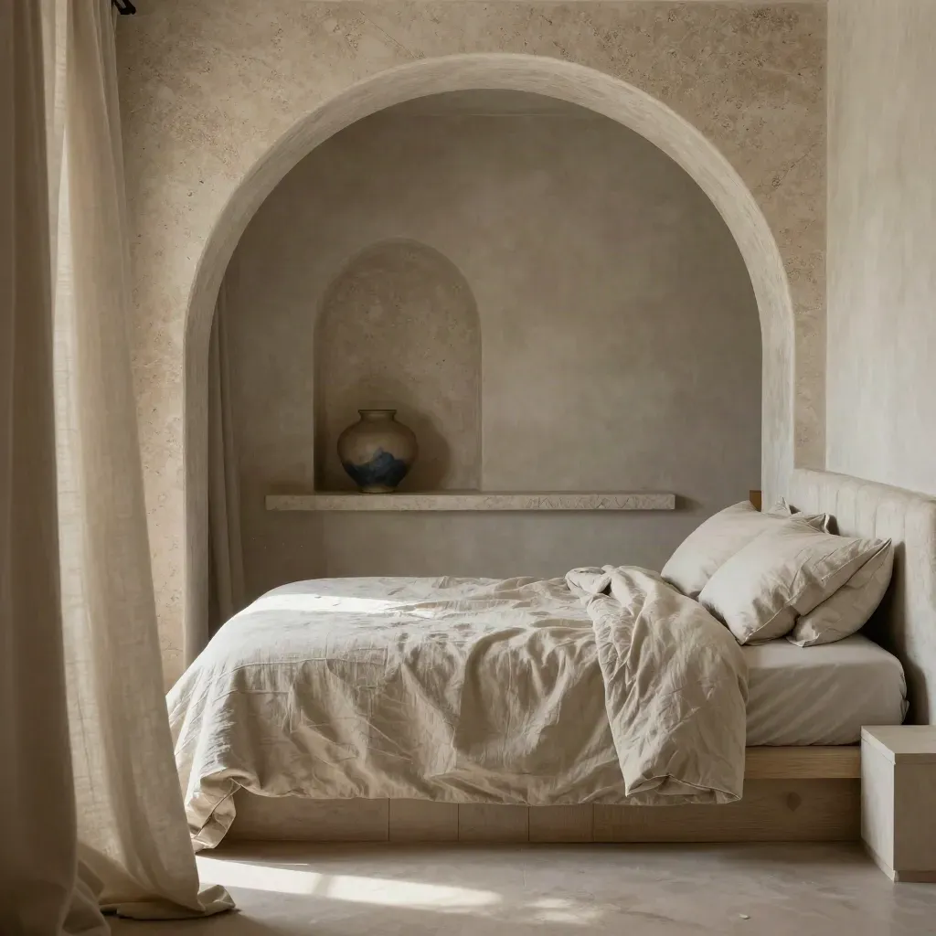 Interno boutique con arco in travertino, letto in lino, tenda naturale e luce pomeridiana.