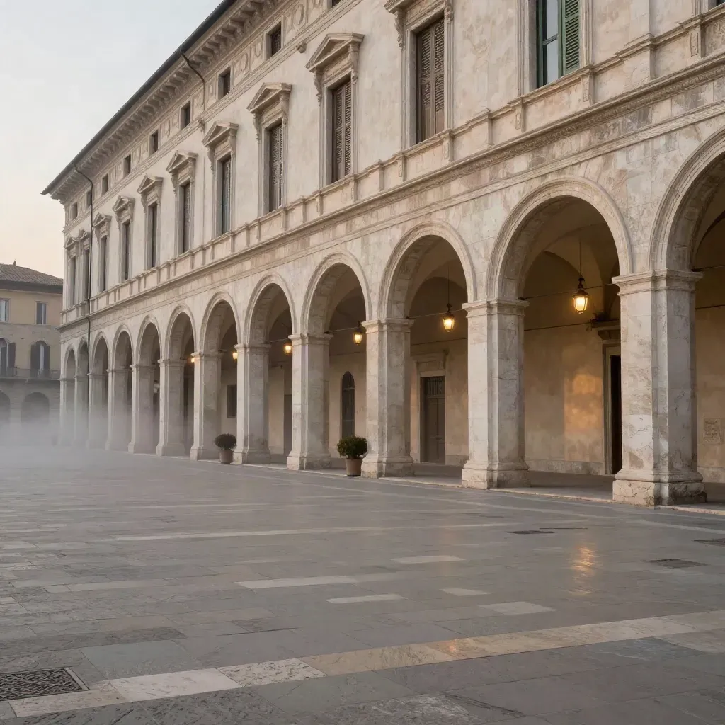 Piazza architettonica in pietra chiara al crepuscolo, lanterne accese e nebbia lieve.