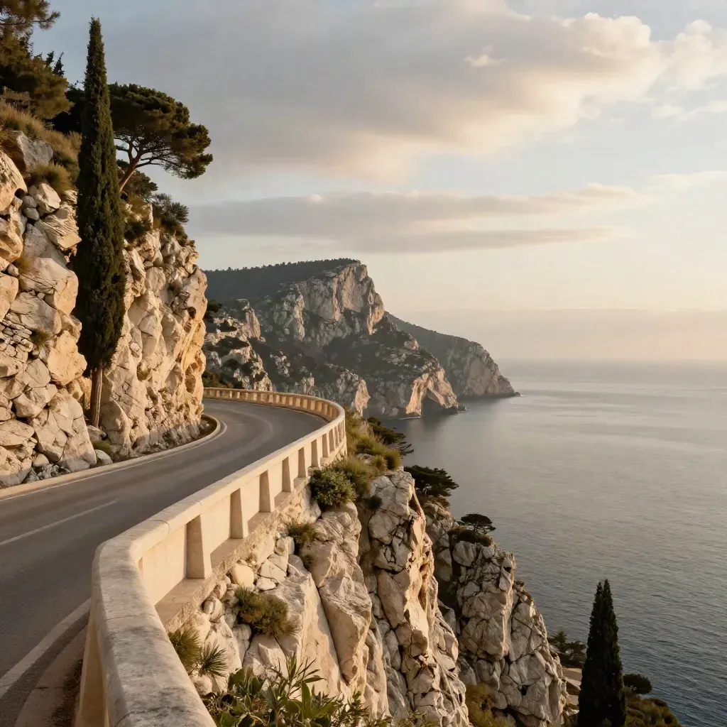 Strada costiera elevata con cipressi e scogliera, mare lontano e luce dorata al tramonto.